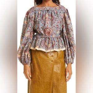 NWT $395 Ulla Johnson Slate blue/grey red Mireya peplum cotton blouse